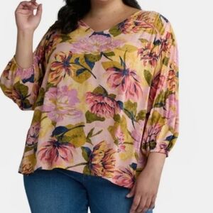 Terra & Sky Poet Sleeve Blouse Womens 3X Floral Pearl Blush Boho Casual Flowy